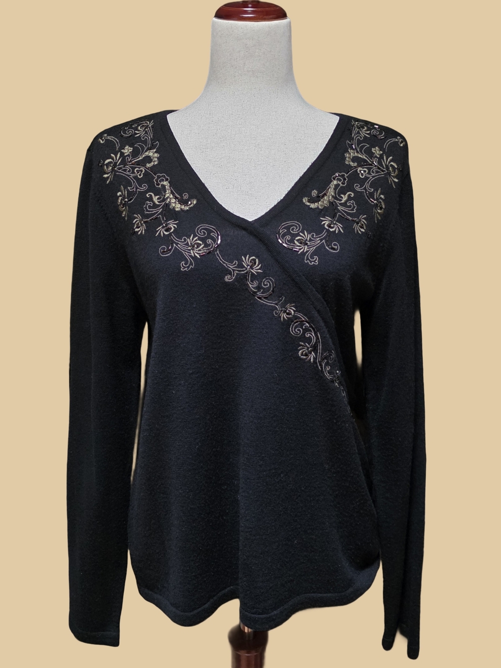 Pendleton Black Merino Wool Embroidered Beaded V Neck Sweater